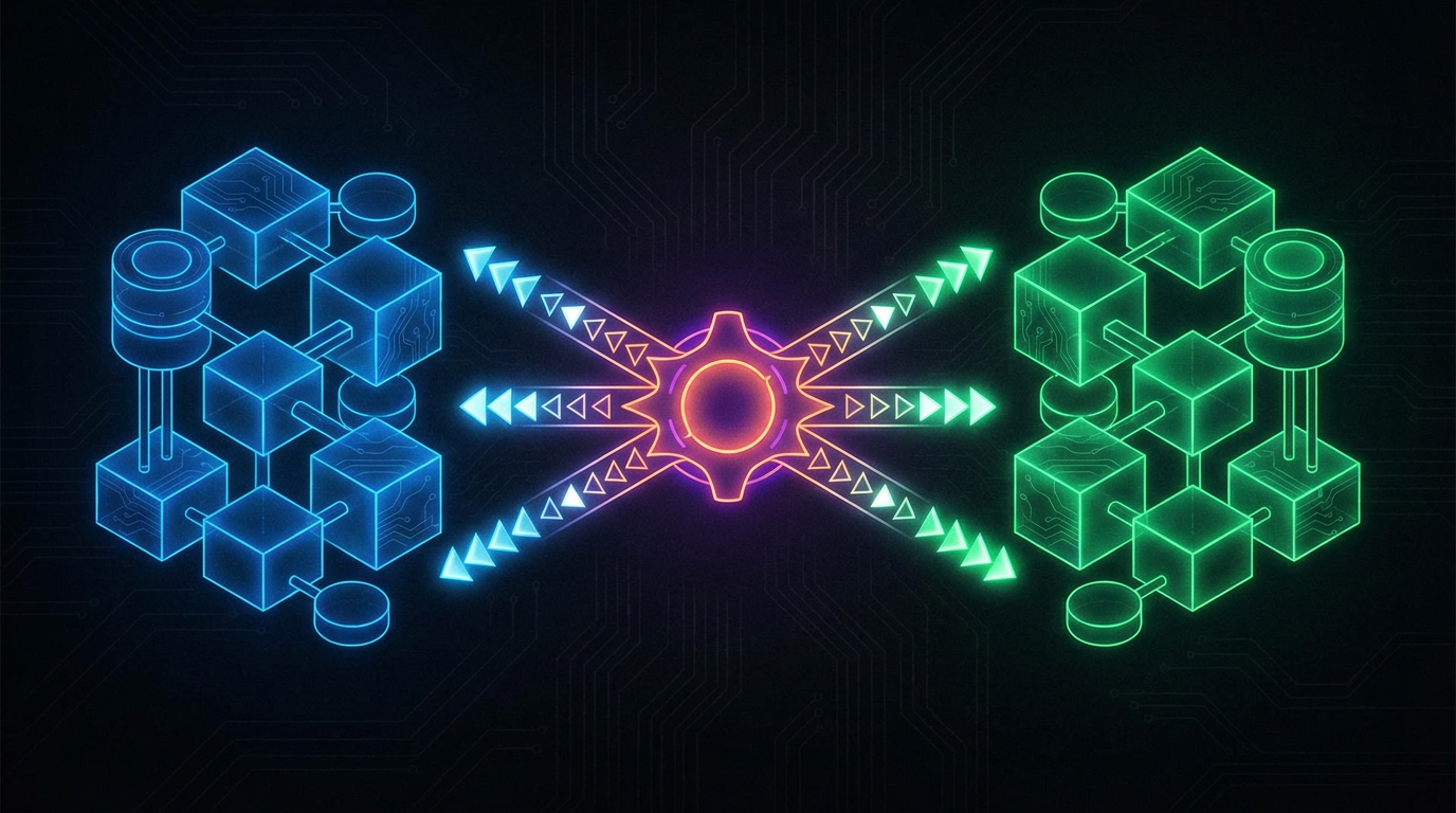 Diagramma blue-green deployment con load balancer che commuta tra due ambienti di produzione identici