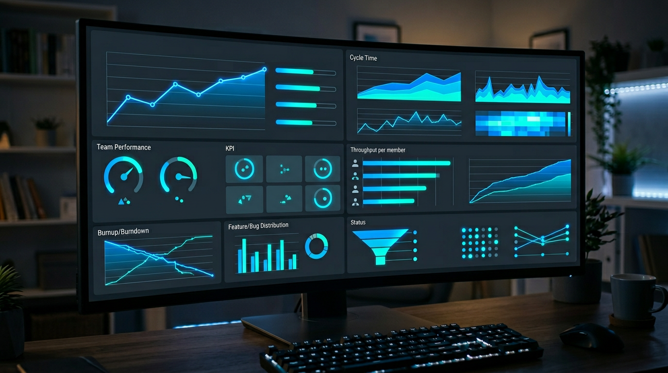 Dashboard con metriche di produttività degli sviluppatori: cycle time, deployment frequency, PR merge time