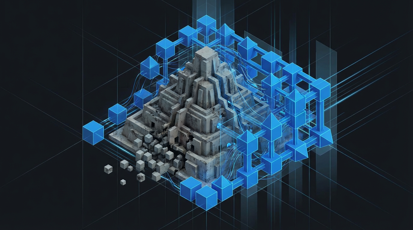 Diagramma che mostra lo strangler fig pattern che avvolge un monolite legacy con nuovi service facade